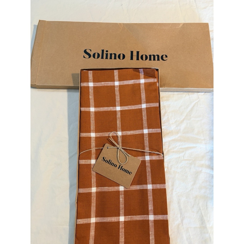 Solino Home 100% Linen Windowpane Table Runner in Cinnamon - 14x72 Inches - NIB